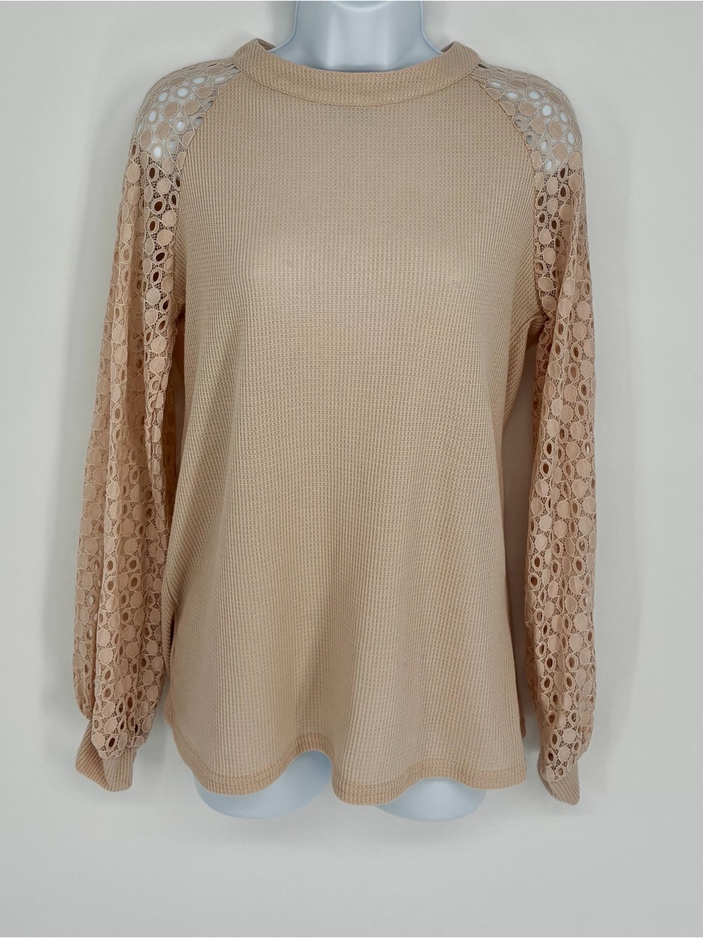 Miholl Waffle Knit Lace Long Balloon Sleeve Top Beige Small